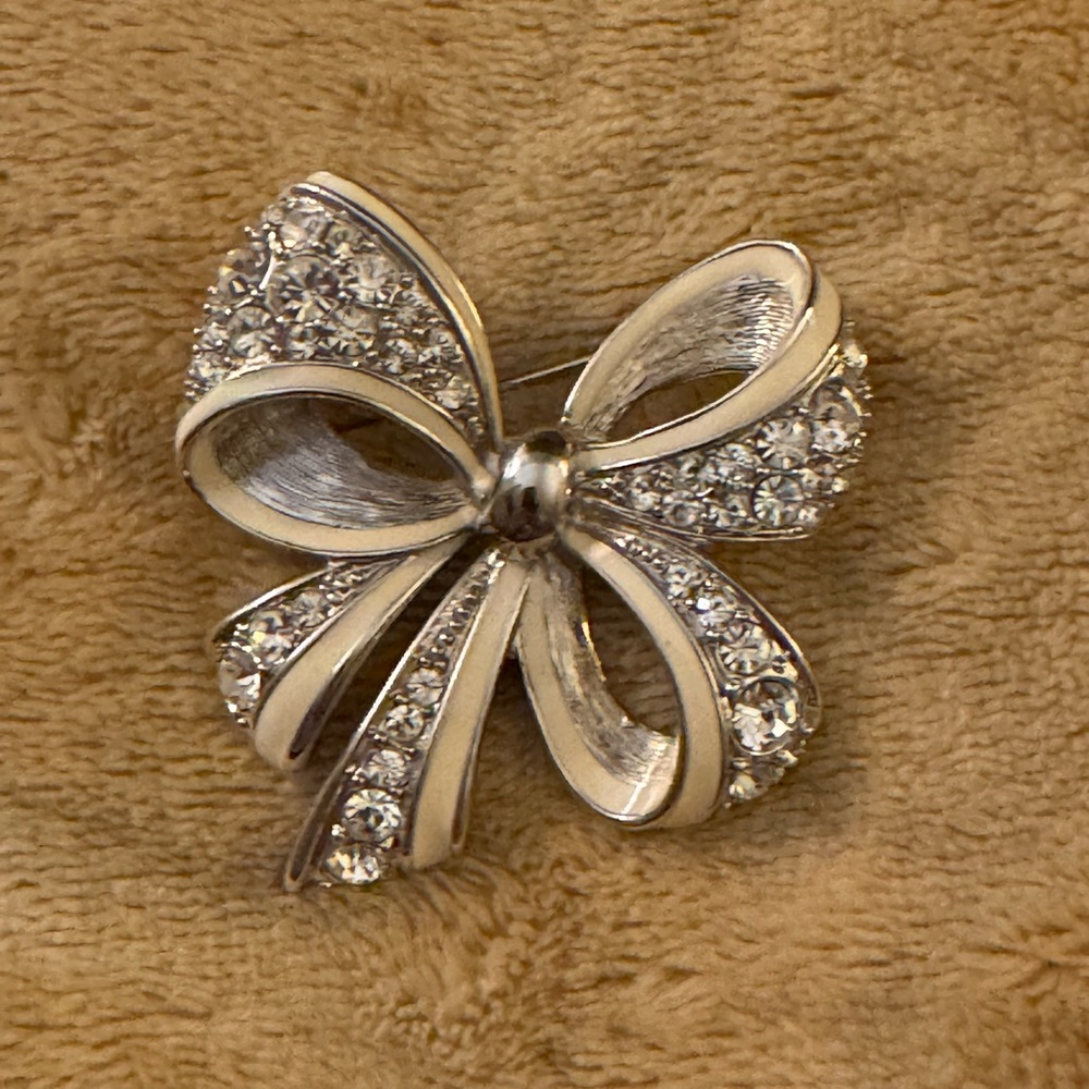 Nolan Miller Bow Brooch Enamel Clear Pave Sparkling Rhinestones